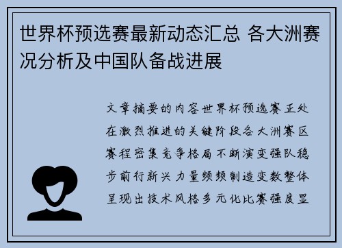 世界杯预选赛最新动态汇总 各大洲赛况分析及中国队备战进展 世界杯预选赛最新动态汇总 各大洲赛况分析及中国队备战进展